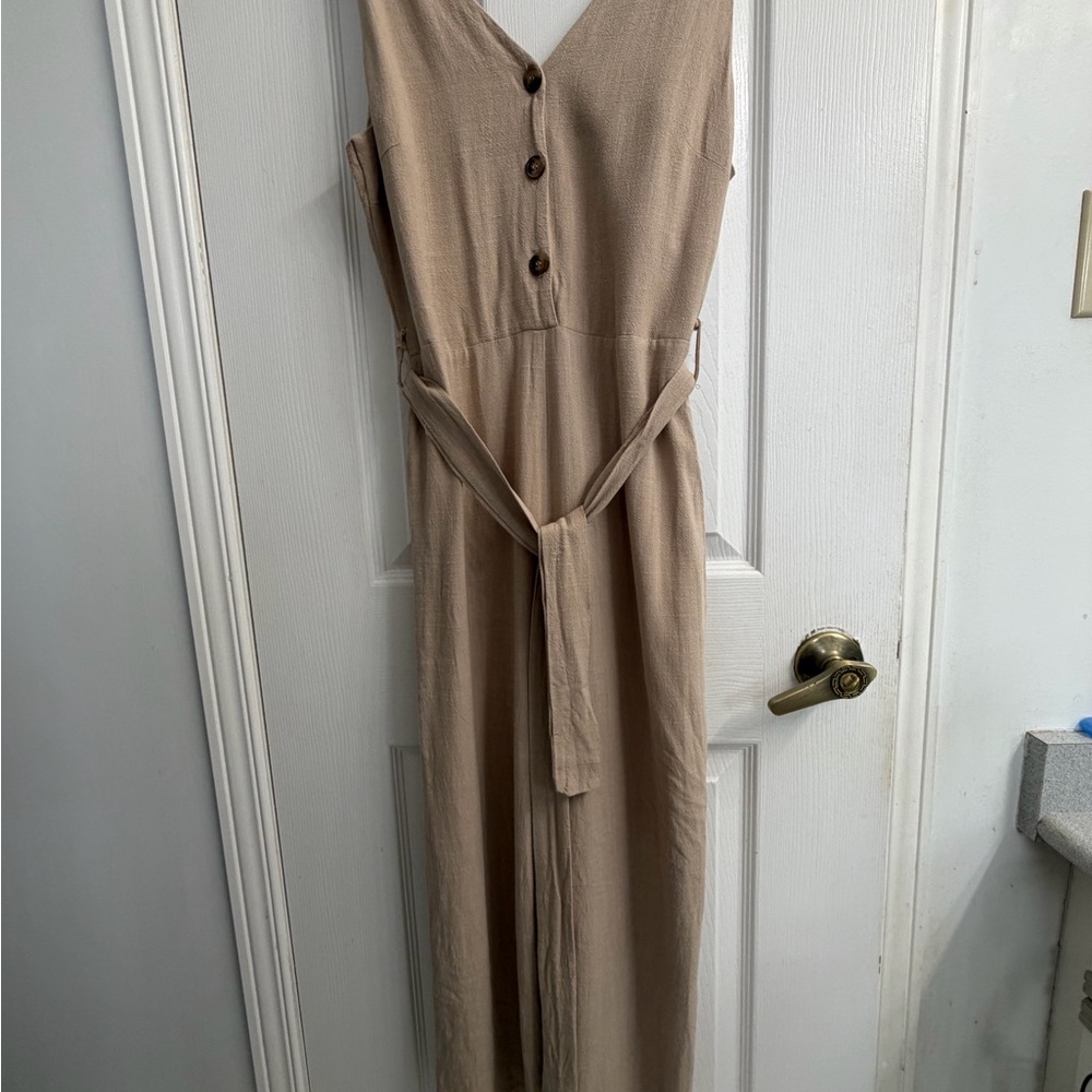 Tan Beige Wide Leg Jumpsuit Women's XS S V Neck Belted Smocked Back Minimalist